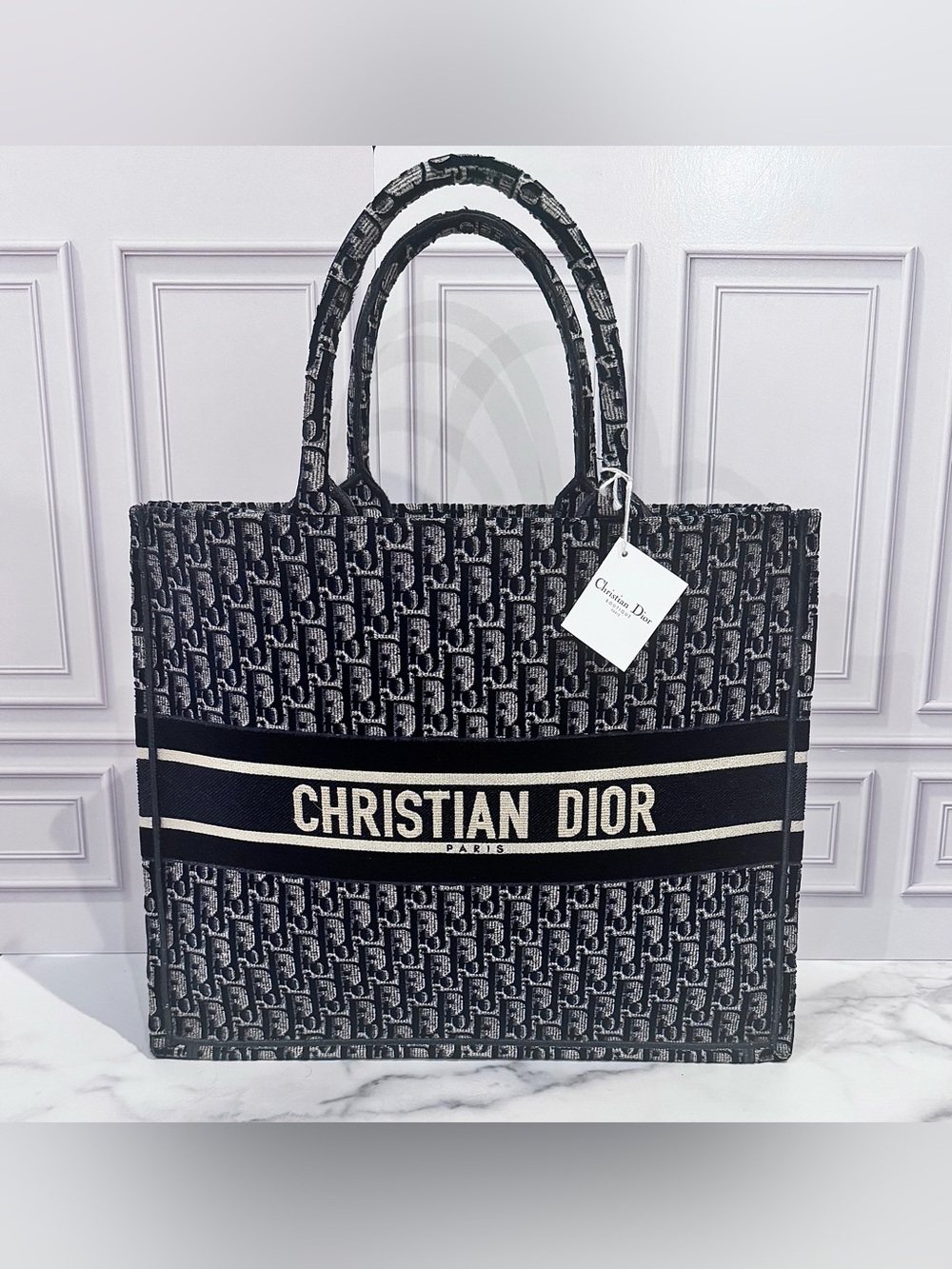NWT Christian Dior Large Ecru & Blue Dior Oblique Book Tote Bag with Receipt